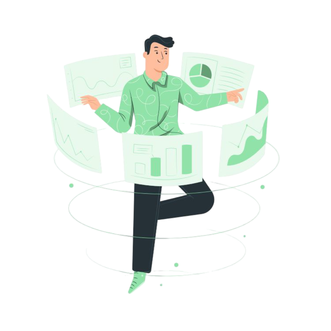 Illustration of a person interacting with screens